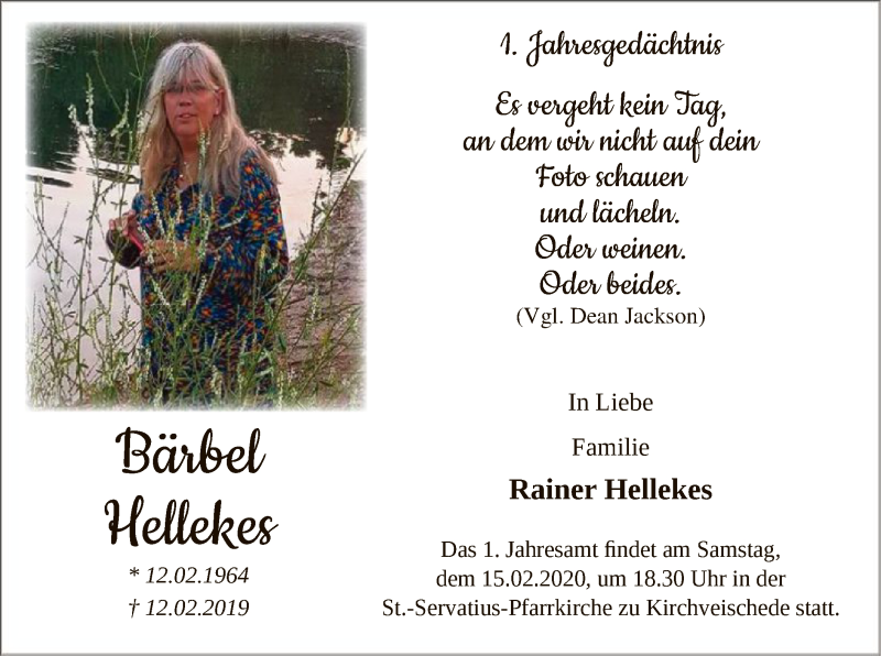  Traueranzeige für Bärbel Hellekes vom 12.02.2020 aus MZV