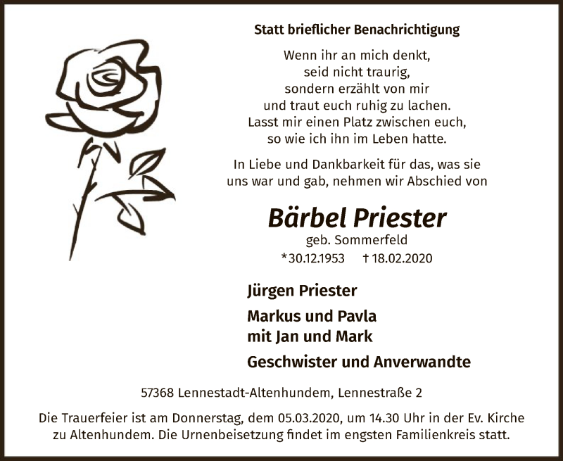  Traueranzeige für Bärbel Priester vom 29.02.2020 aus MZV