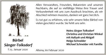 Traueranzeige von Bärbel Sänger-Tolksdorf von MZV