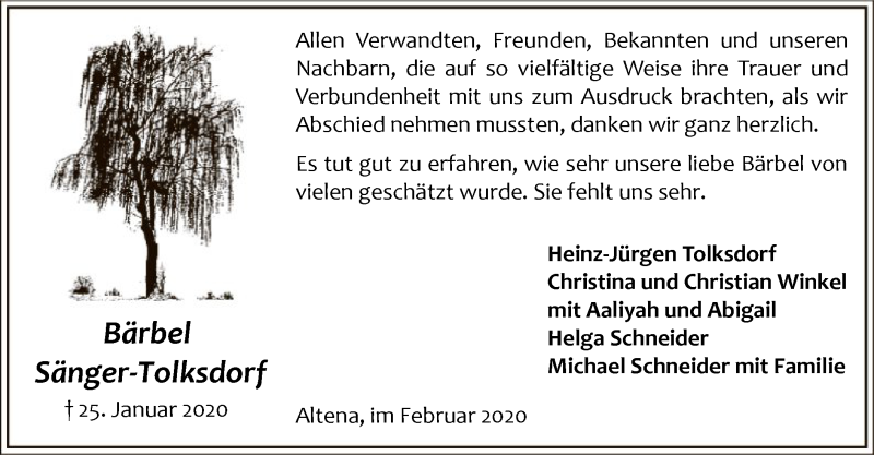  Traueranzeige für Bärbel Sänger-Tolksdorf vom 19.02.2020 aus MZV
