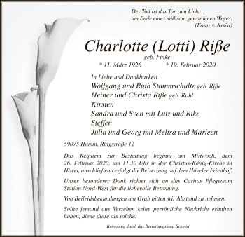 Traueranzeige von Charlotte Riße von MZV