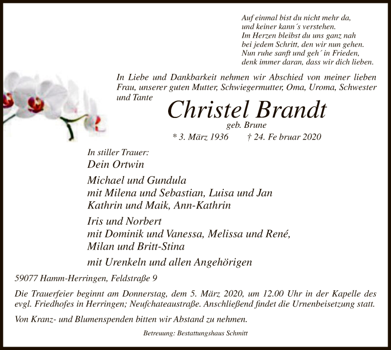  Traueranzeige für Christel Brandt vom 29.02.2020 aus MZV