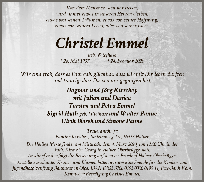  Traueranzeige für Christel Emmel vom 29.02.2020 aus MZV