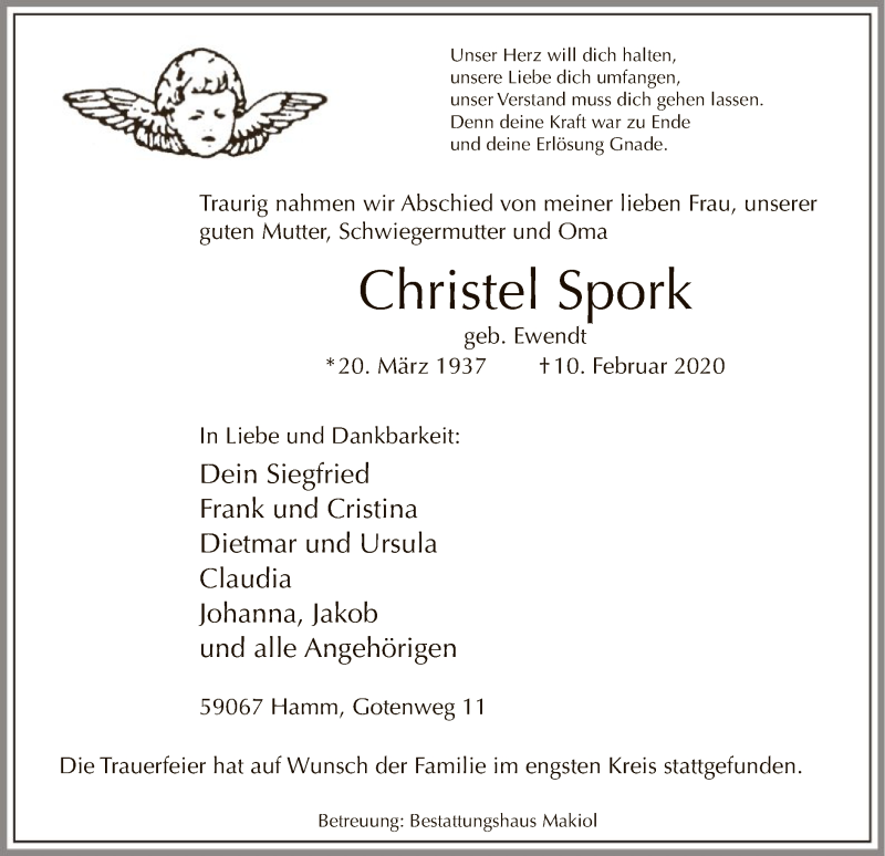  Traueranzeige für Christel Spork vom 18.02.2020 aus MZV