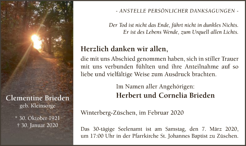  Traueranzeige für Clementine Brieden vom 29.02.2020 aus MZV