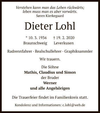 Traueranzeige von Dieter Lohl von MZV