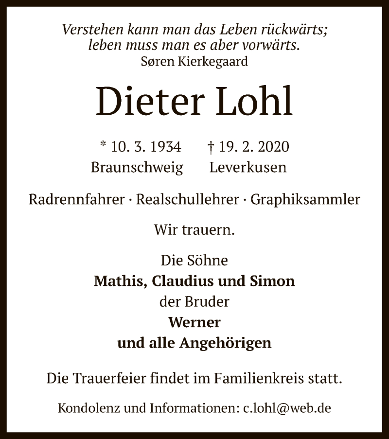  Traueranzeige für Dieter Lohl vom 29.02.2020 aus MZV