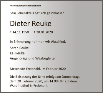 Traueranzeige von Dieter Reuke von MZV