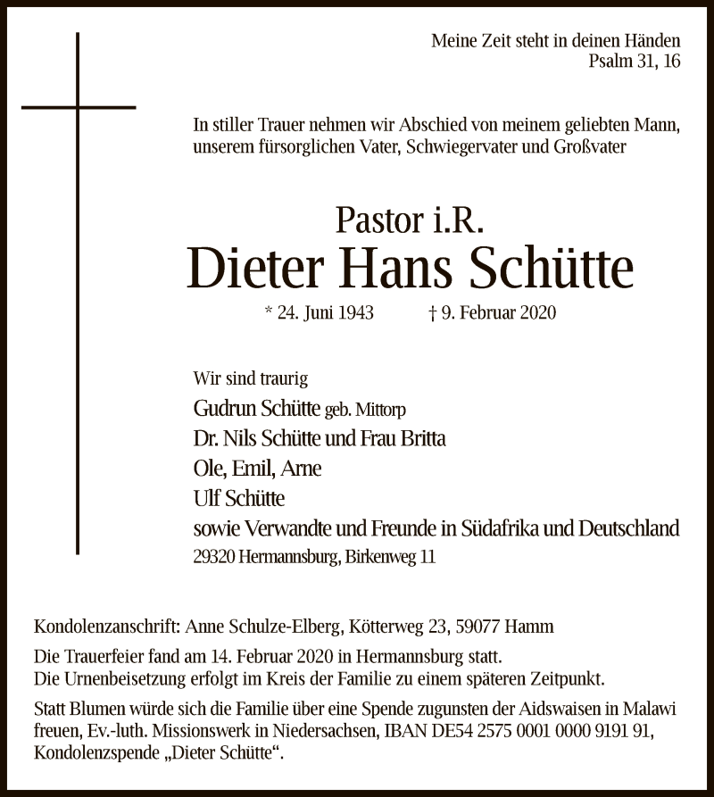  Traueranzeige für Dieter Hans Schütte vom 18.02.2020 aus MZV
