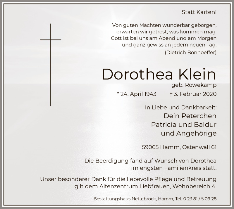  Traueranzeige für Dorothea Klein vom 19.02.2020 aus MZV