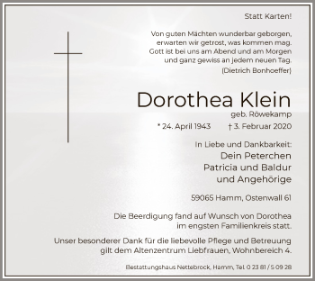Traueranzeige von Dorothea Klein von MZV