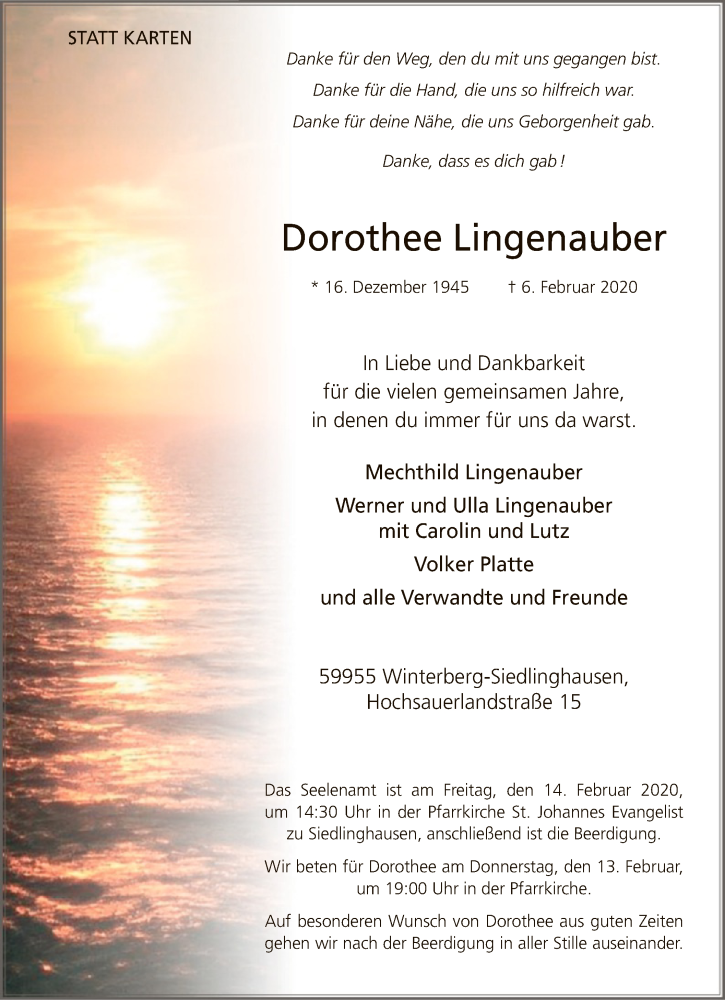 Traueranzeige für Dorothee Lingenauber vom 12.02.2020 aus MZV