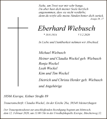 Traueranzeige von Eberhard Wiebusch von MZV