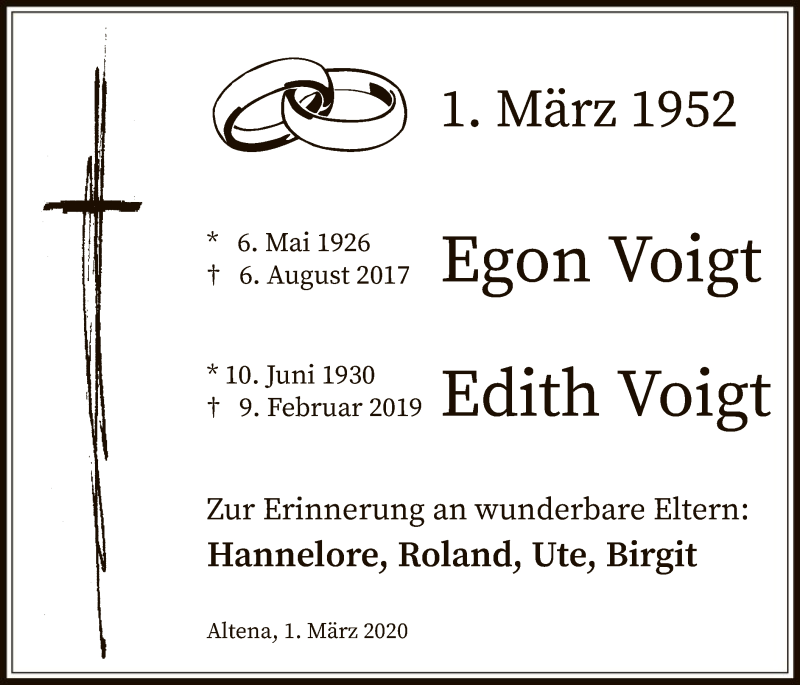  Traueranzeige für Egon und Edith Voigt vom 29.02.2020 aus MZV