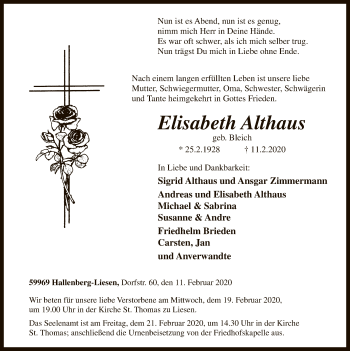 Traueranzeige von Elisabeth Althaus von MZV