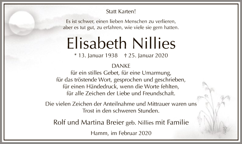  Traueranzeige für Elisabeth Nillies vom 29.02.2020 aus MZV