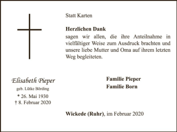 Traueranzeige von Elisabeth Pieper von MZV