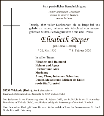 Traueranzeige von Elisabeth Pieper von MZV
