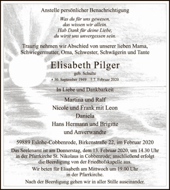 Traueranzeige von Elisabeth Pilger von MZV