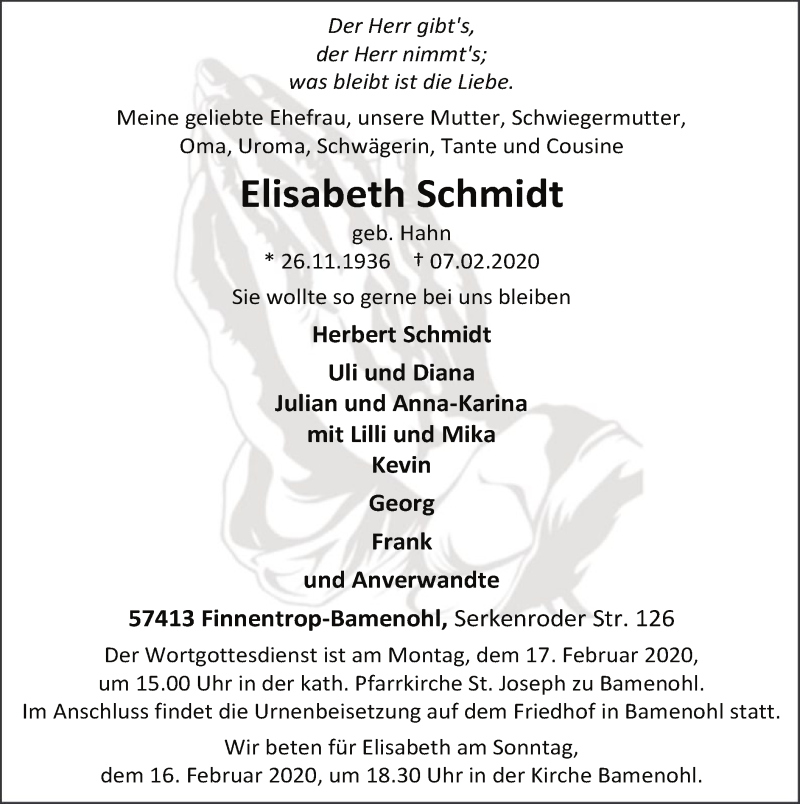  Traueranzeige für Elisabeth Schmidt vom 12.02.2020 aus MZV