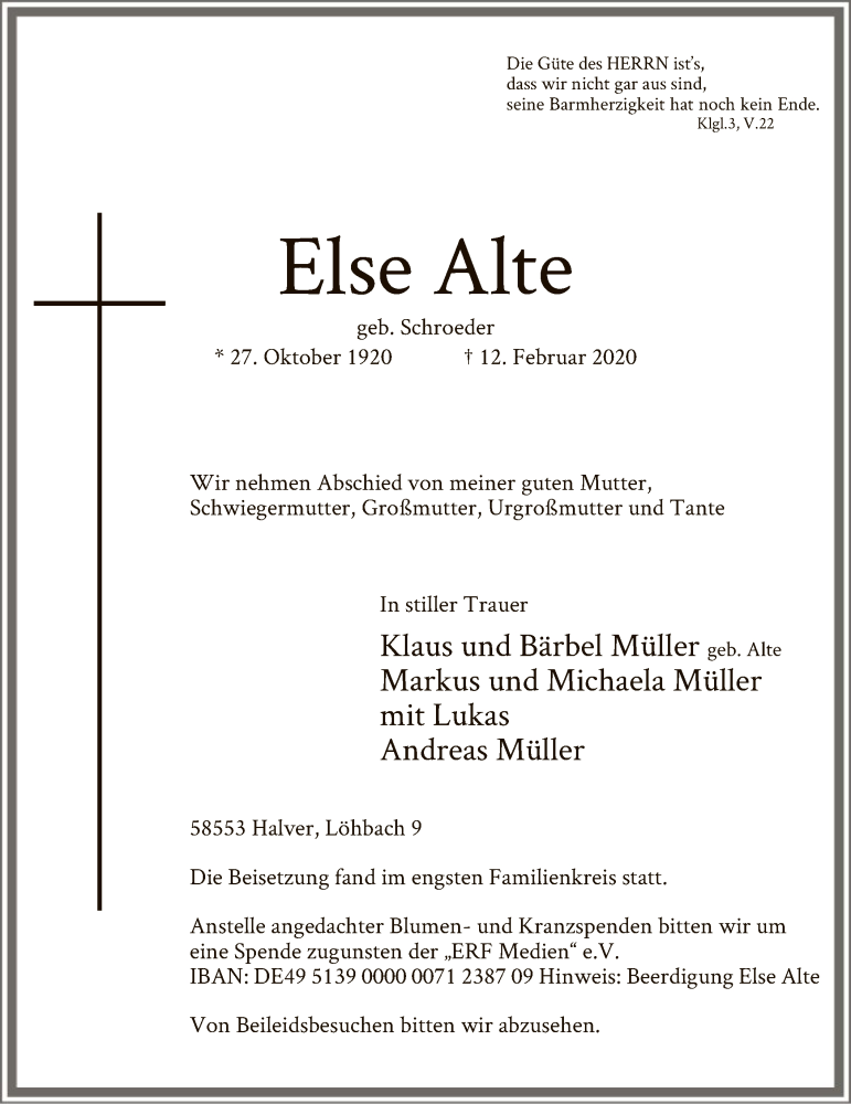  Traueranzeige für Else Alte vom 19.02.2020 aus MZV