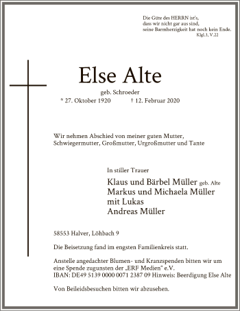 Traueranzeige von Else Alte von MZV