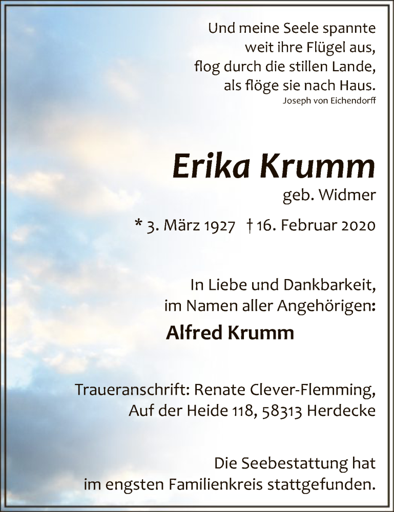  Traueranzeige für Erika Krumm vom 28.02.2020 aus MZV