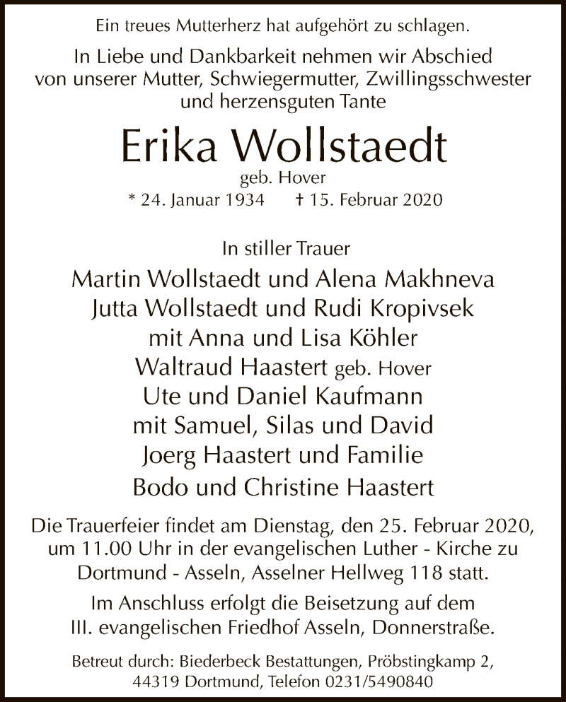  Traueranzeige für Erika Wollstaedt vom 19.02.2020 aus MZV