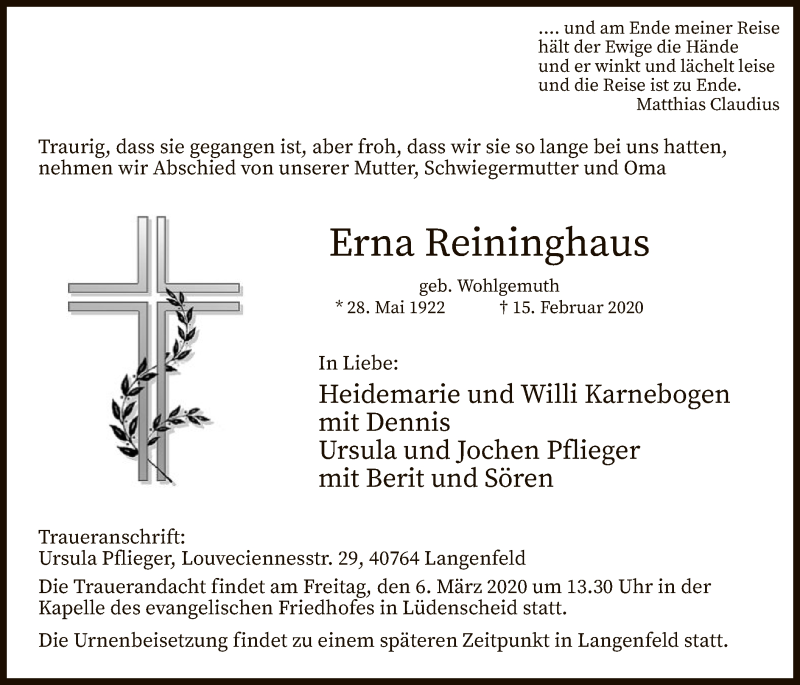 Traueranzeige für Erna Reininghaus vom 29.02.2020 aus MZV
