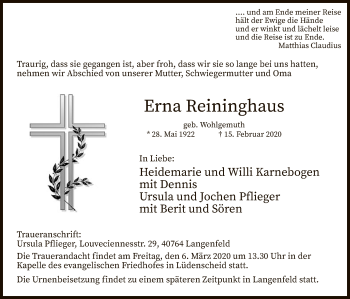 Traueranzeige von Erna Reininghaus von MZV