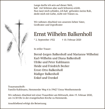 Traueranzeige von Ernst Wilhelm Balkenholl von MZV