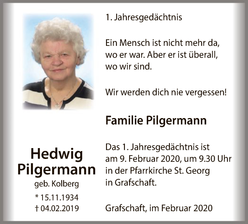  Traueranzeige für Familie Pilgermann vom 01.02.2020 aus MZV