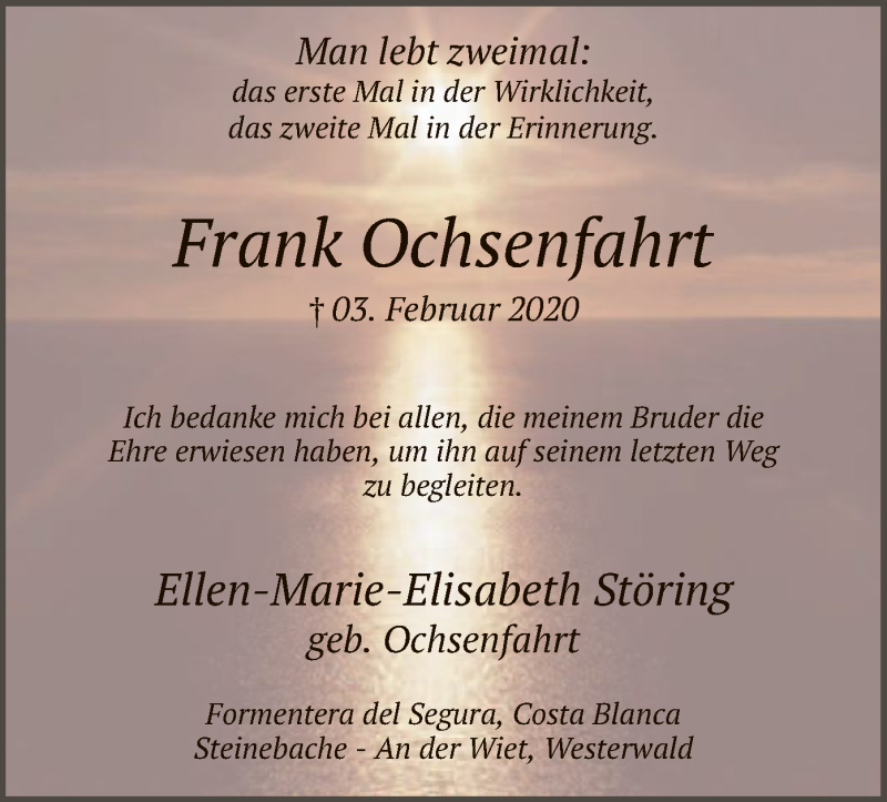  Traueranzeige für Frank Ochsenfahrt vom 22.02.2020 aus MZV