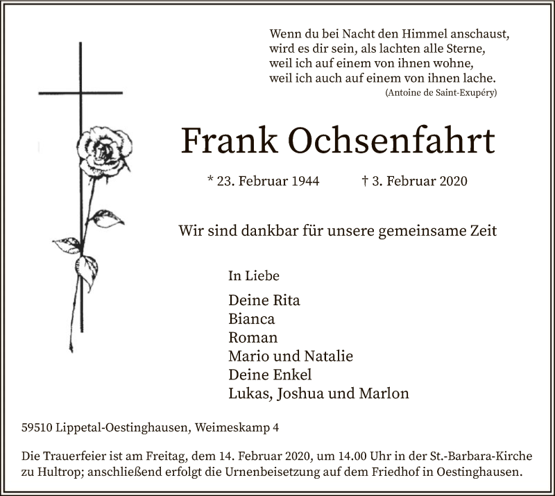  Traueranzeige für Frank Ochsenfahrt vom 08.02.2020 aus MZV