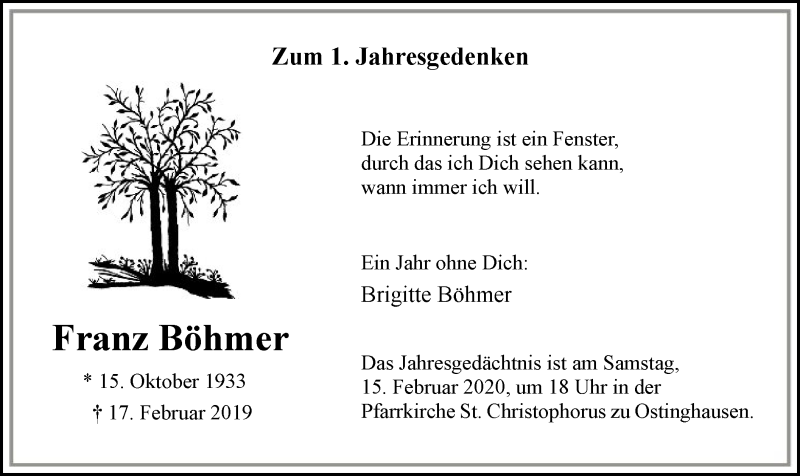  Traueranzeige für Franz Böhmer vom 08.02.2020 aus MZV