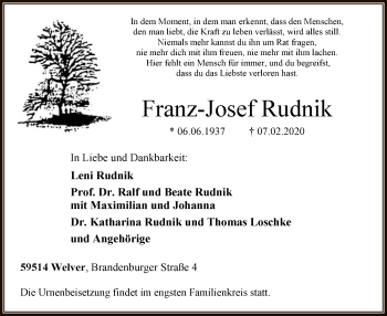Traueranzeige von Franz-Josef Rudnik von MZV