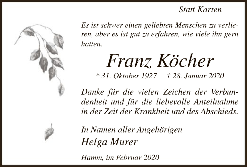  Traueranzeige für Franz Köcher vom 22.02.2020 aus MZV