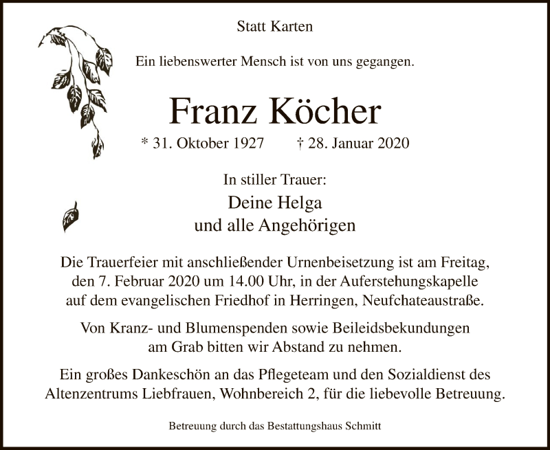  Traueranzeige für Franz Köcher vom 01.02.2020 aus MZV