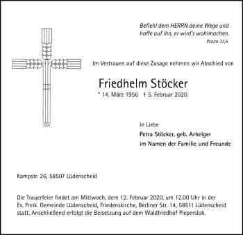 Traueranzeige von Friedhelm Stöcker von MZV