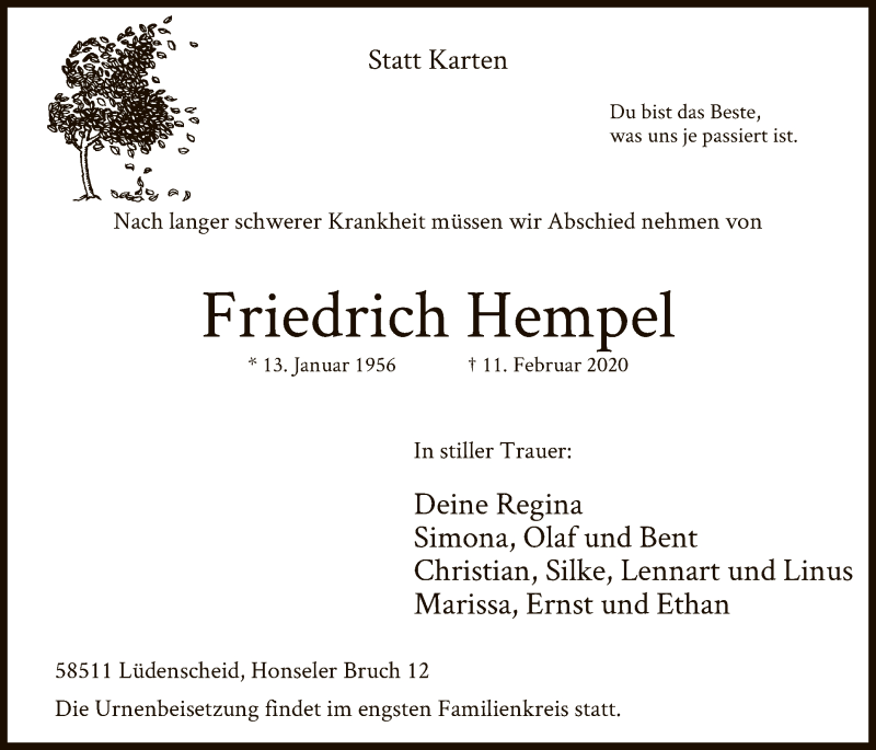  Traueranzeige für Friedrich Hempel vom 15.02.2020 aus MZV