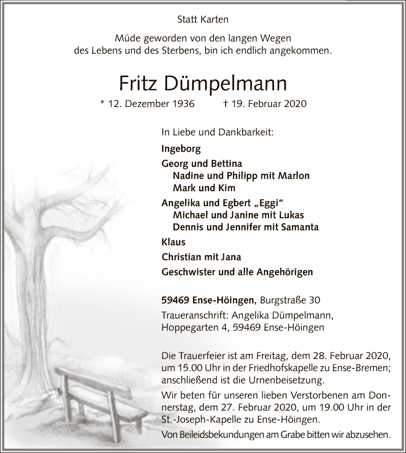  Traueranzeige für Fritz Dümpelmann vom 22.02.2020 aus MZV