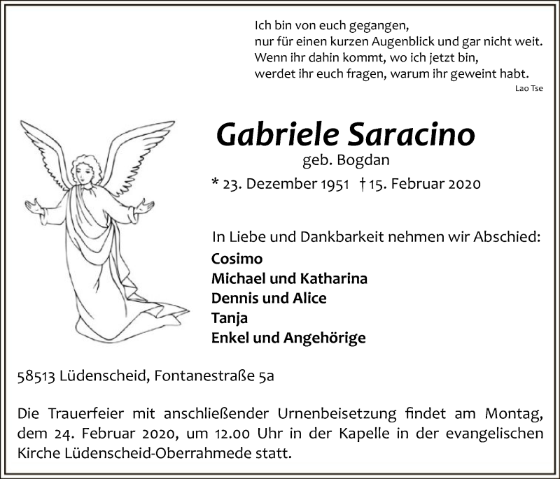  Traueranzeige für Gabriele Saracino vom 19.02.2020 aus MZV