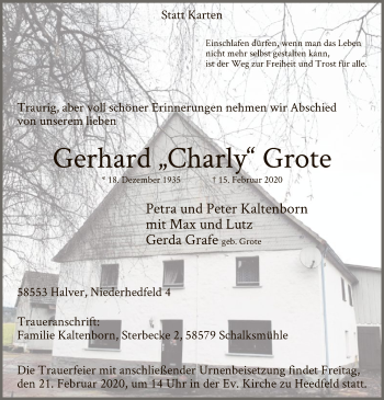 Traueranzeige von Gerhard  Grote von MZV