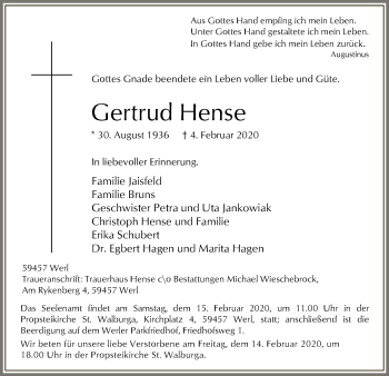 Traueranzeige von Gertrud Hense von MZV
