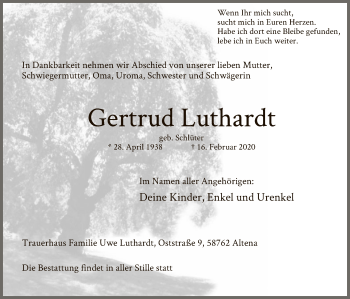 Traueranzeige von Gertrud Luthardt von MZV