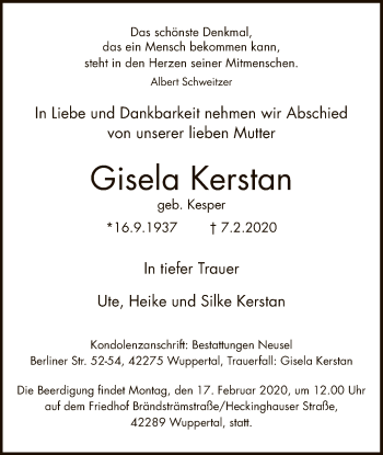 Traueranzeige von Gisela Kerstan von MZV