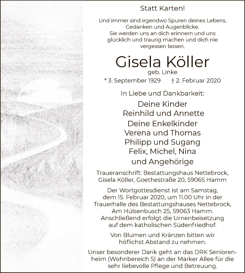  Traueranzeige für Gisela Köller vom 08.02.2020 aus MZV