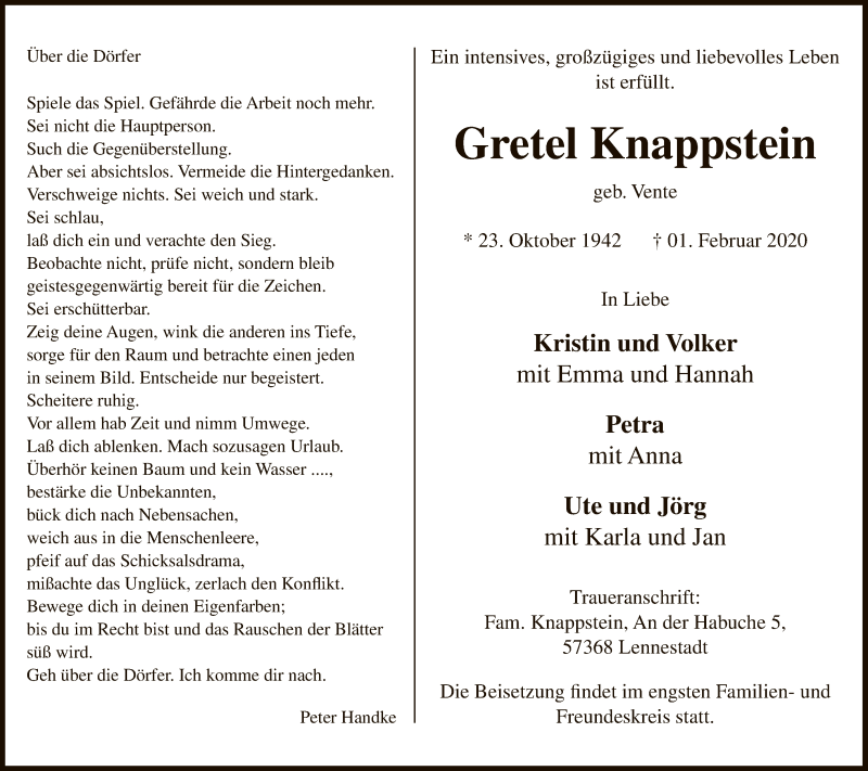  Traueranzeige für Gretel Knappstein vom 08.02.2020 aus MZV
