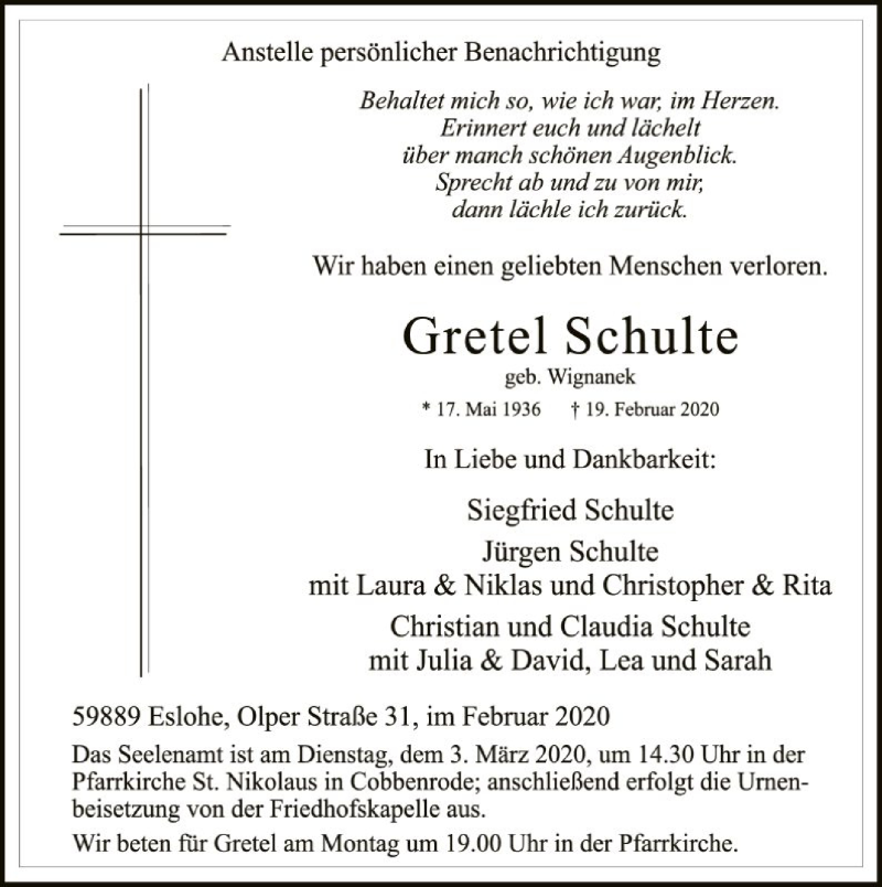  Traueranzeige für Gretel Schulte vom 26.02.2020 aus MZV