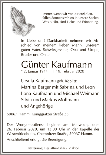 Traueranzeige von Günter Kaufmann von MZV